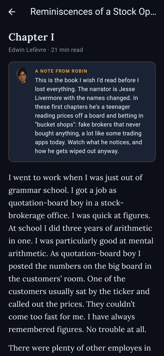 Reading Reminiscences of a Stock Operator, with a note from Robin above the first chapter